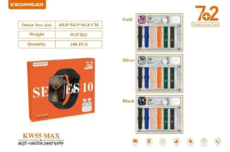 Σετ Smartwatch με ασύρματα ακουστικά Bluetooth & 7 λουράκια - KW55 MAX - 750360 - Black - Image 2