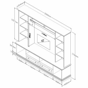 Σύνθετο σαλονιού Mozart pakoworld χρώμα καρυδί 200x40x170