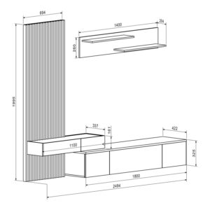 Σύνθετο σαλονιού Litende pakoworld μαύρο-sonoma μελαμίνης 249.5x42x199.5εκ-192-000033