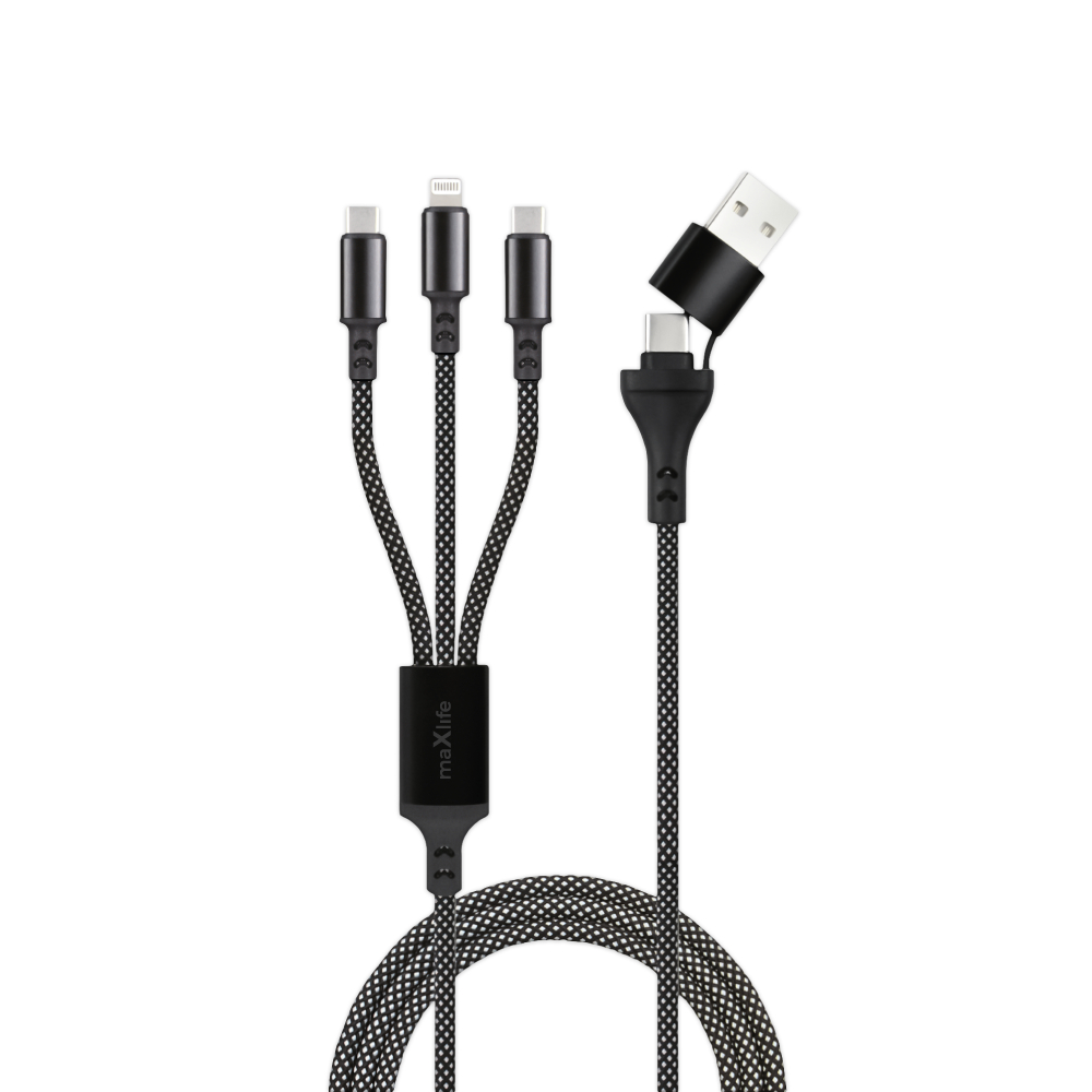 Maxlife ALLin1 cable - Καλώδιο φόρτισης και μεταφοράς δεδομένων  USB + USB-C - Lightning + 2x USB-C 1 μέτρου 66W - μαύρο (OEM0101379)