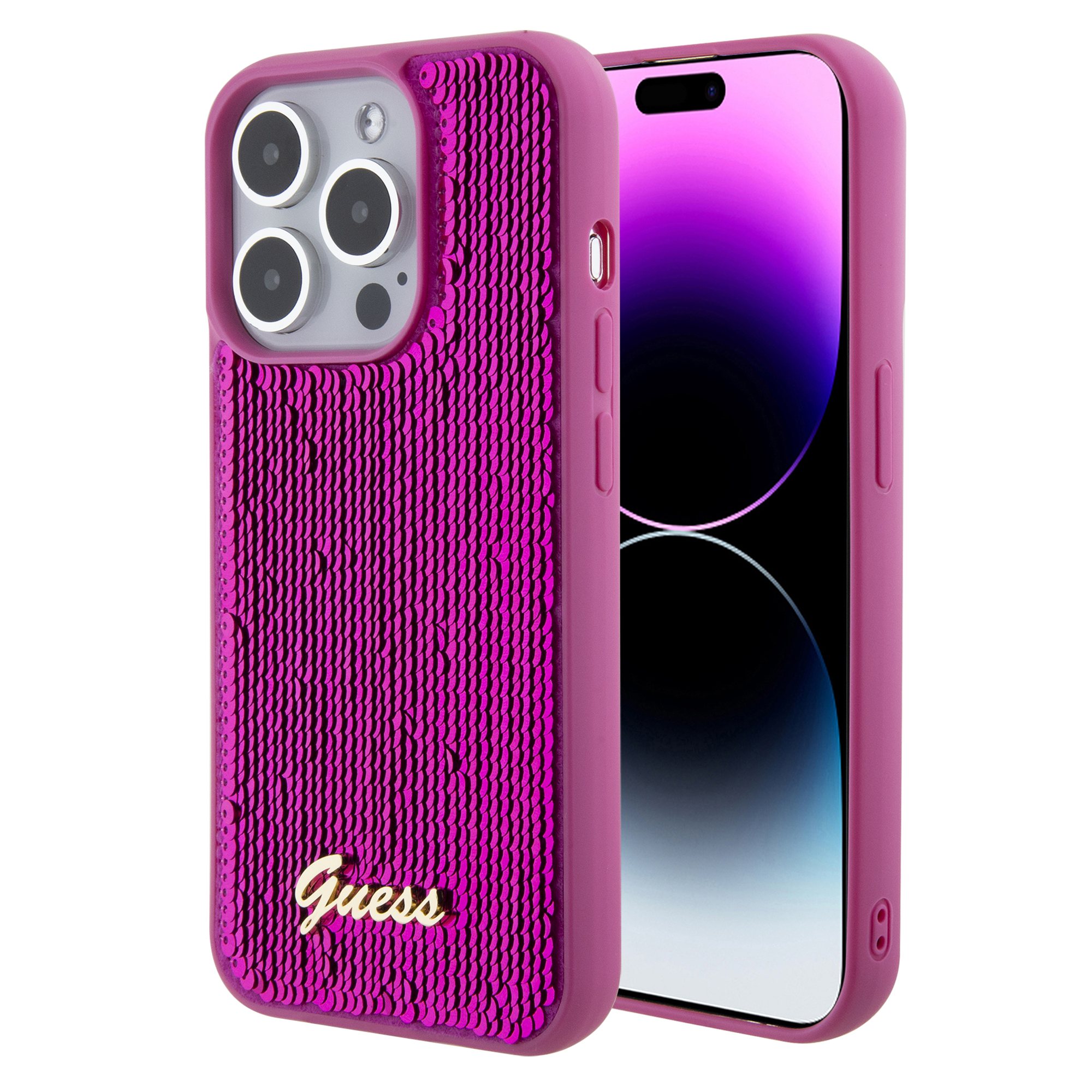 Guess "Sequin Script Metal" Hard Case iPhone 15 Pro (Fuchsia – GUHCP15LPSFDGSF)