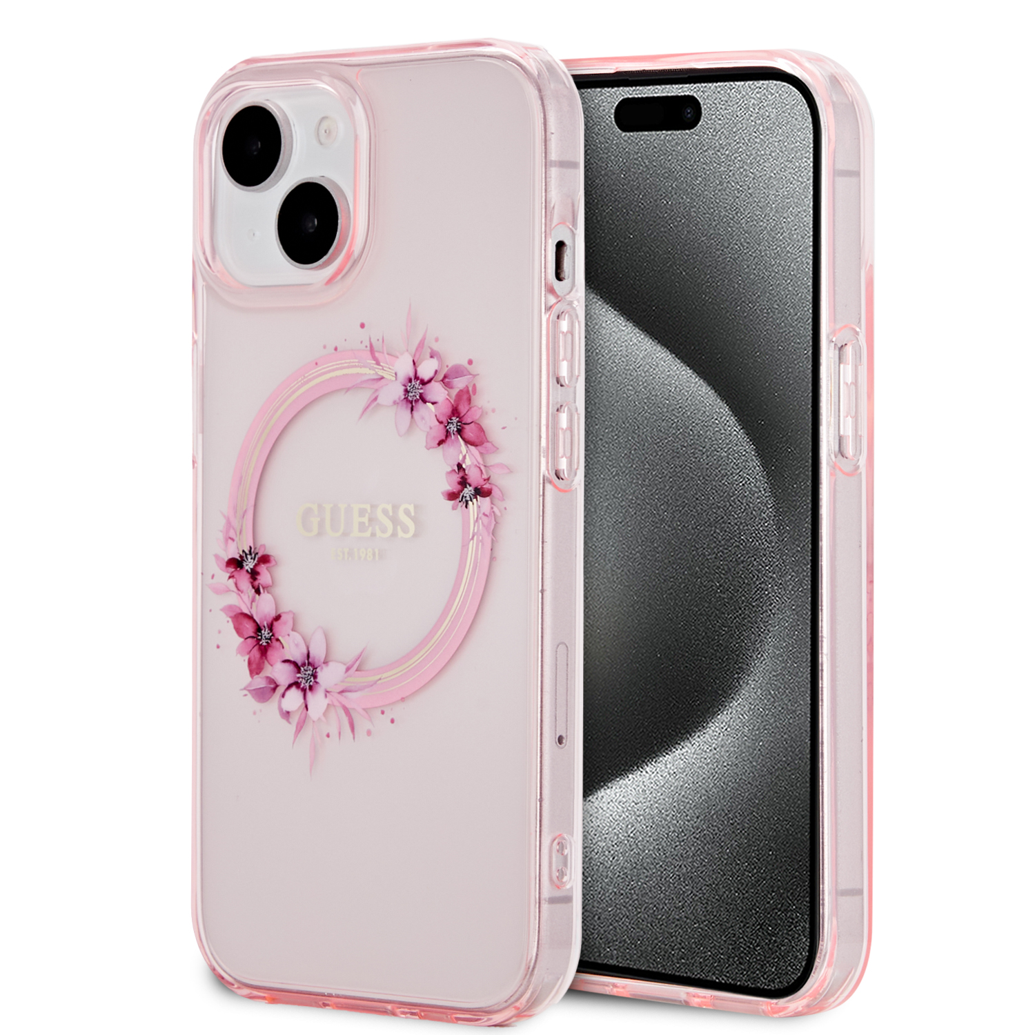 Guess “Flowers Wreath Collection” MagSafe Hard Case Θήκη προστασίας από σκληρό πλαστικό – iPhone 15 (Ροζ – GUHMP15SHFWFCP)