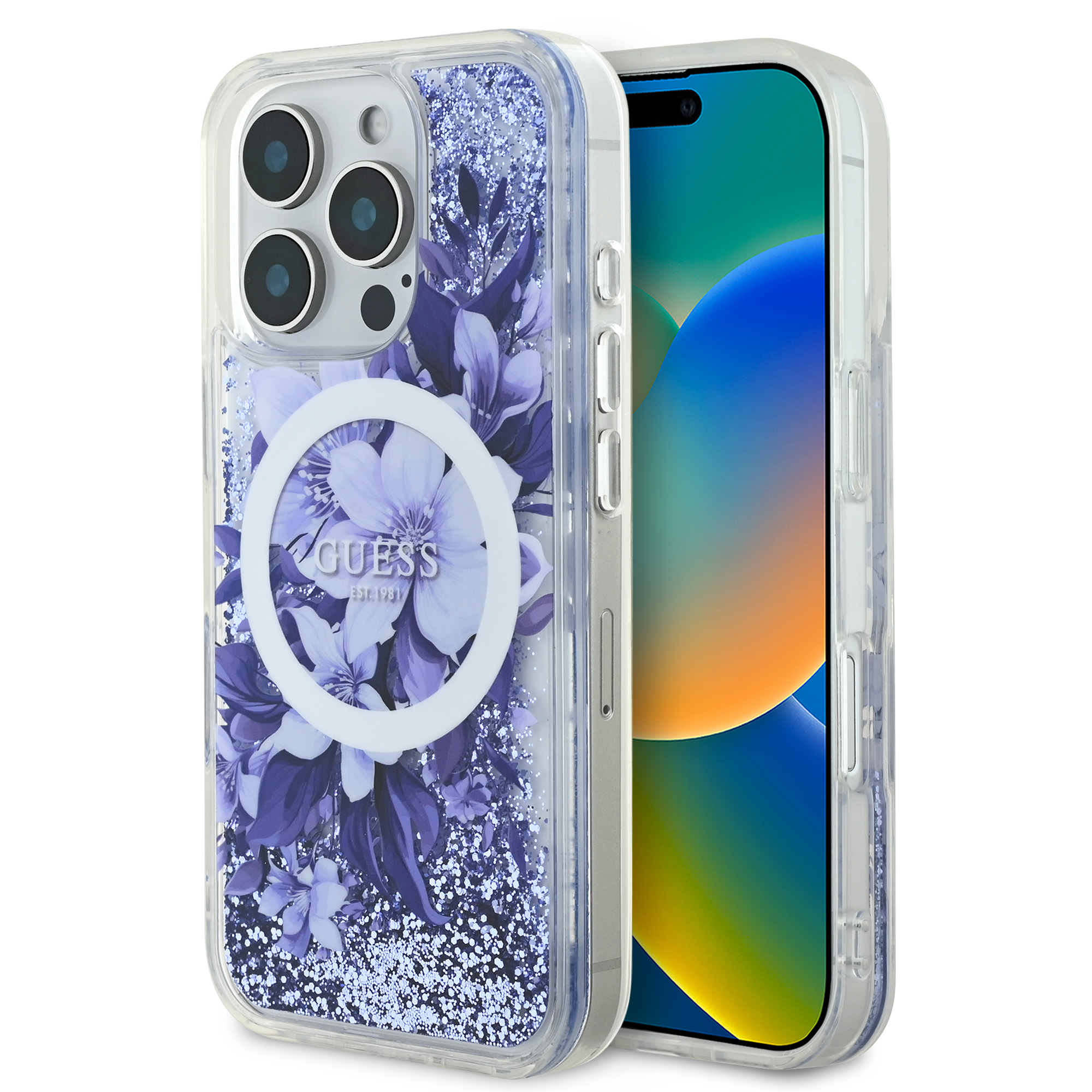 Guess “Liquid Glitter Flower" Hard Case Θήκη προστασίας από σκληρό πλαστικό – iPhone 16 Pro (Μωβ – GUHMP16LLFMWTU)