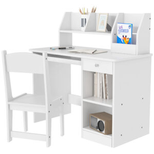 Σχολικό γραφείο και καρέκλα ZONEKIZ για παιδιά 5-8 ετών με ράφι και αφαιρούμενο ράφι από λευκό ξύλο