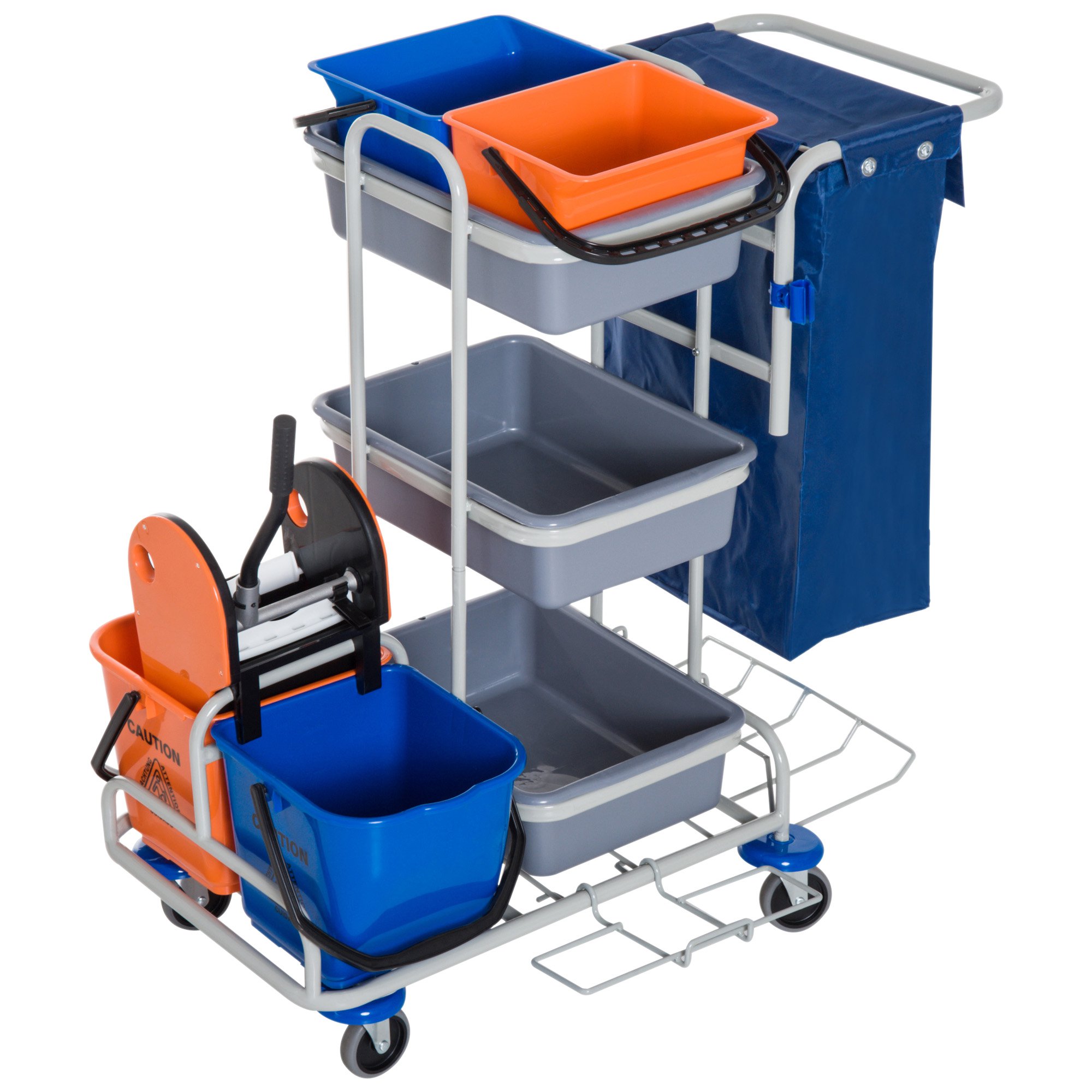 Homcom Professional Cleaning Cart with 4 Bucket Wheels Canvas Bag