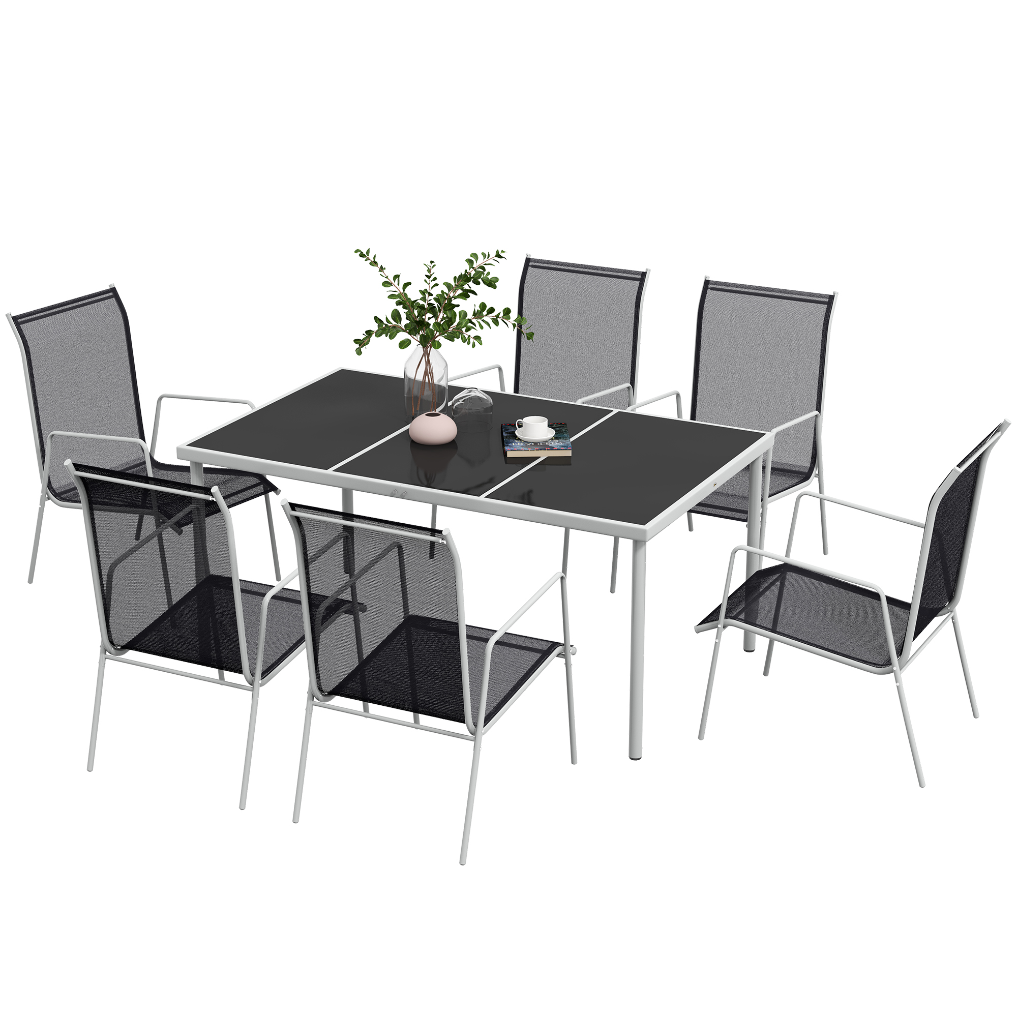 Σετ κήπου Outsunny με γυάλινο τραπέζι και 6 στοιβαζόμενες καρέκλες σε ατσάλι και ύφασμα