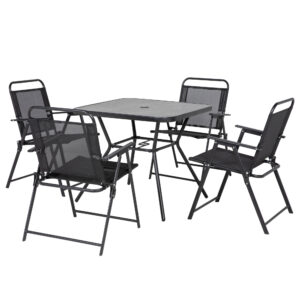 Outsunny Σετ κήπου με 4 πτυσσόμενες καρέκλες με μπράτσα και τραπέζι με τρύπα ομπρέλας