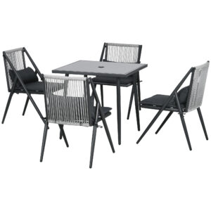 Σετ κήπου με 4 καρέκλες με μαξιλάρια και τετράγωνο γυάλινο τραπέζι φαγητού