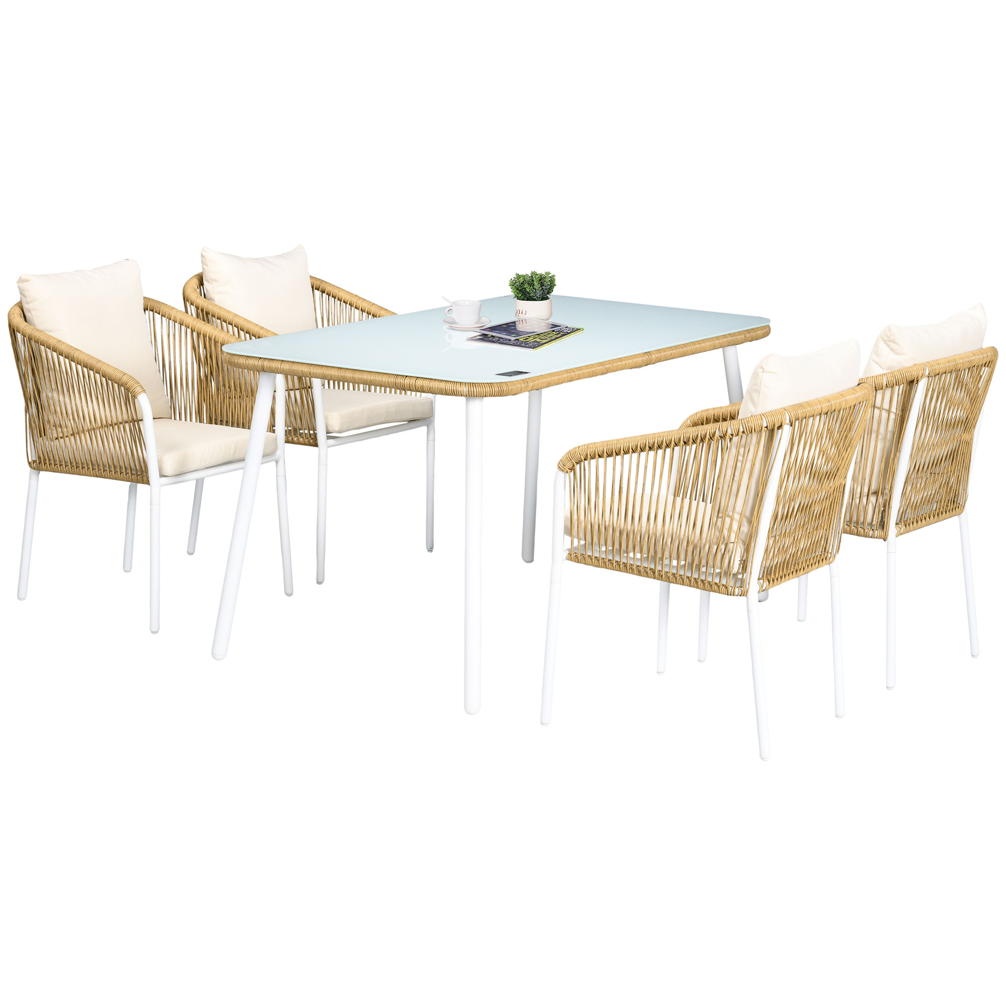 Σετ κήπου Outsunny από PE Rattan και αλουμίνιο με γυάλινο τραπέζι και 4 στοιβαζόμενες καρέκλες