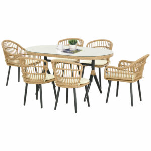 Outsunny σετ κήπου 7 τεμαχίων από μπαστούνι PE με τραπέζι φαγητού 153x89x74 cm και 6 καρέκλες 52x62x78 cm με μαξιλάρια