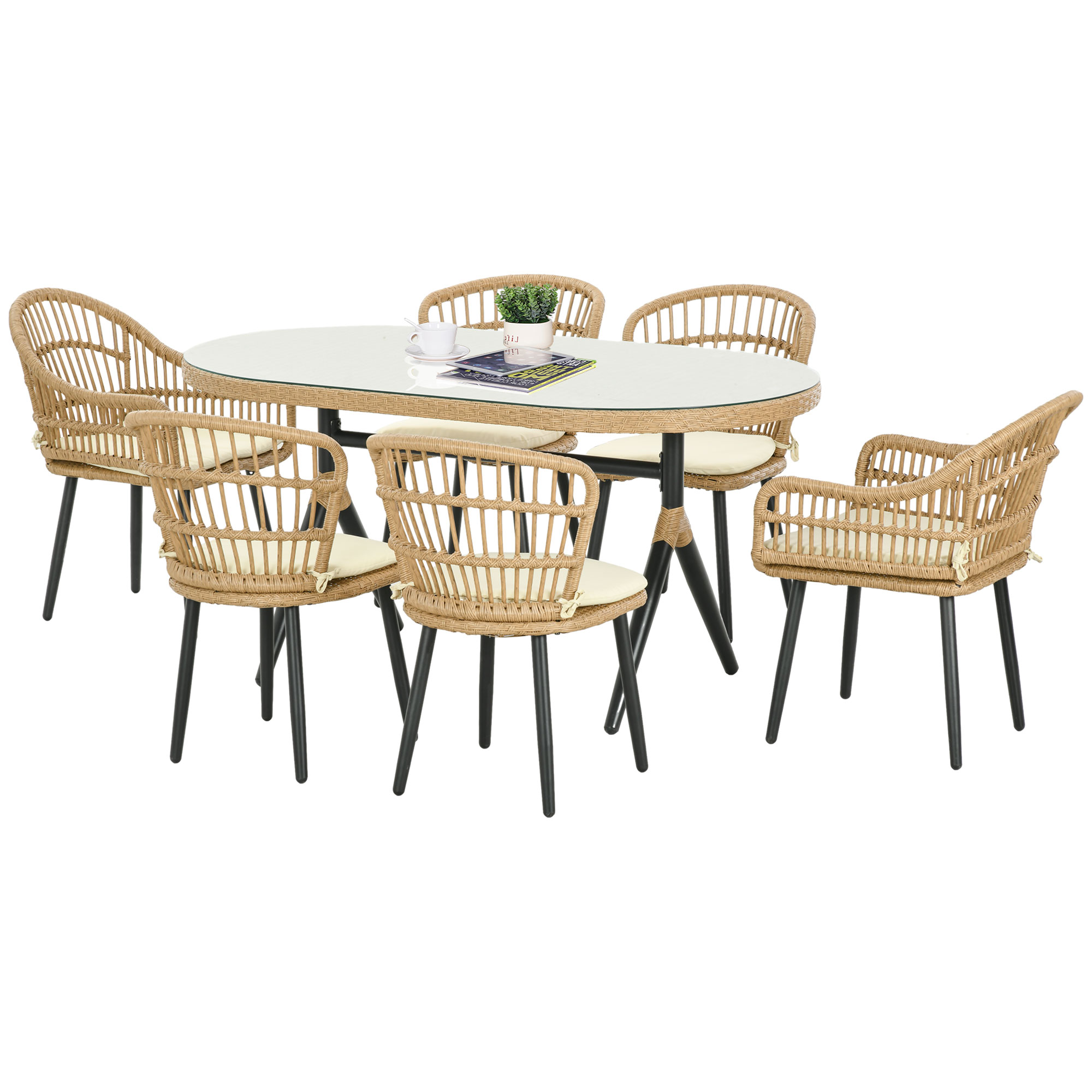 Outsunny σετ κήπου 7 τεμαχίων από μπαστούνι PE με τραπέζι φαγητού 153x89x74 cm και 6 καρέκλες 52x62x78 cm με μαξιλάρια