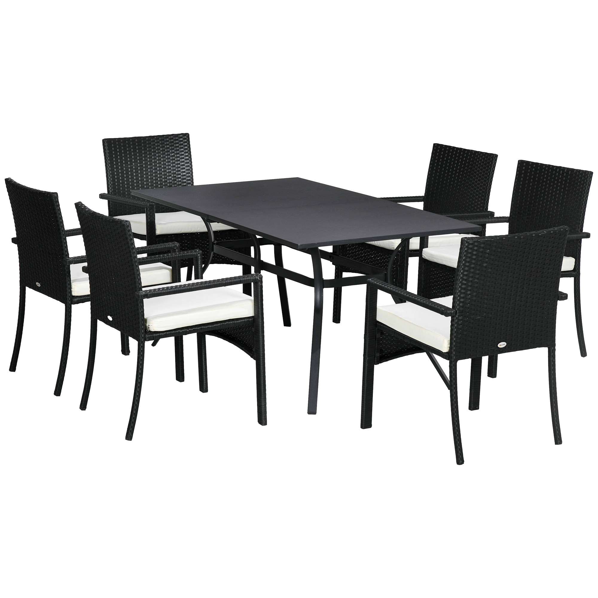 Outsunny σετ κήπου 7 τεμαχίων από μπαστούνι PE με τραπέζι φαγητού 150x90x72 cm και 6 καρέκλες 58x62x87 cm με μαξιλάρια