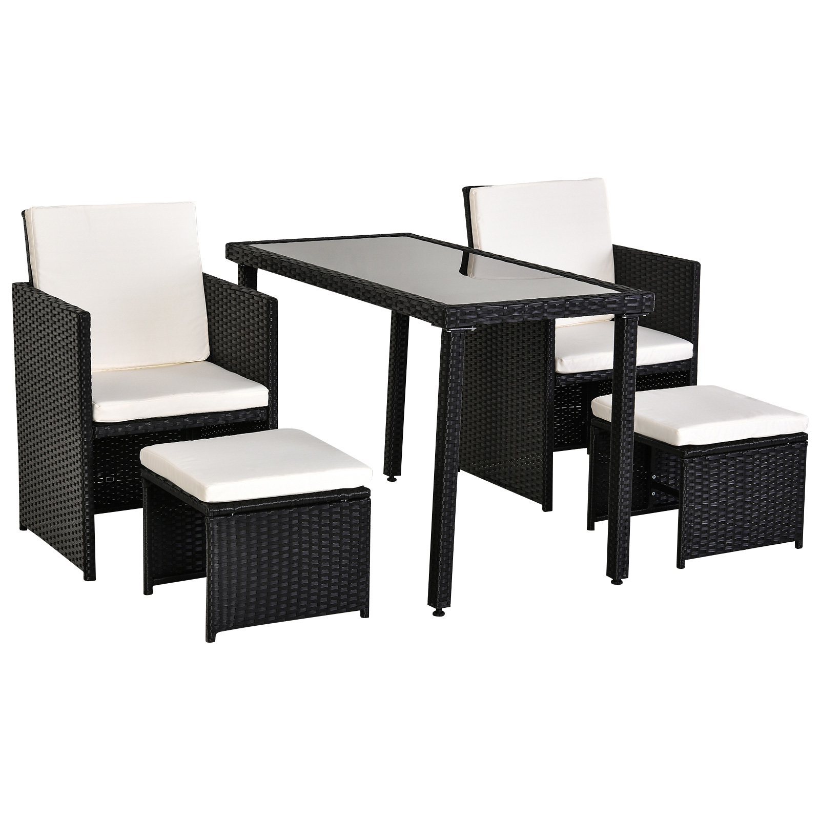 Σετ Έπιπλα Κήπου Outsunny 5 τεμαχίων Rattan Τραπέζι 2 καρέκλες 2 υποπόδια με συνδυαστικά ορθογώνια μαξιλάρια