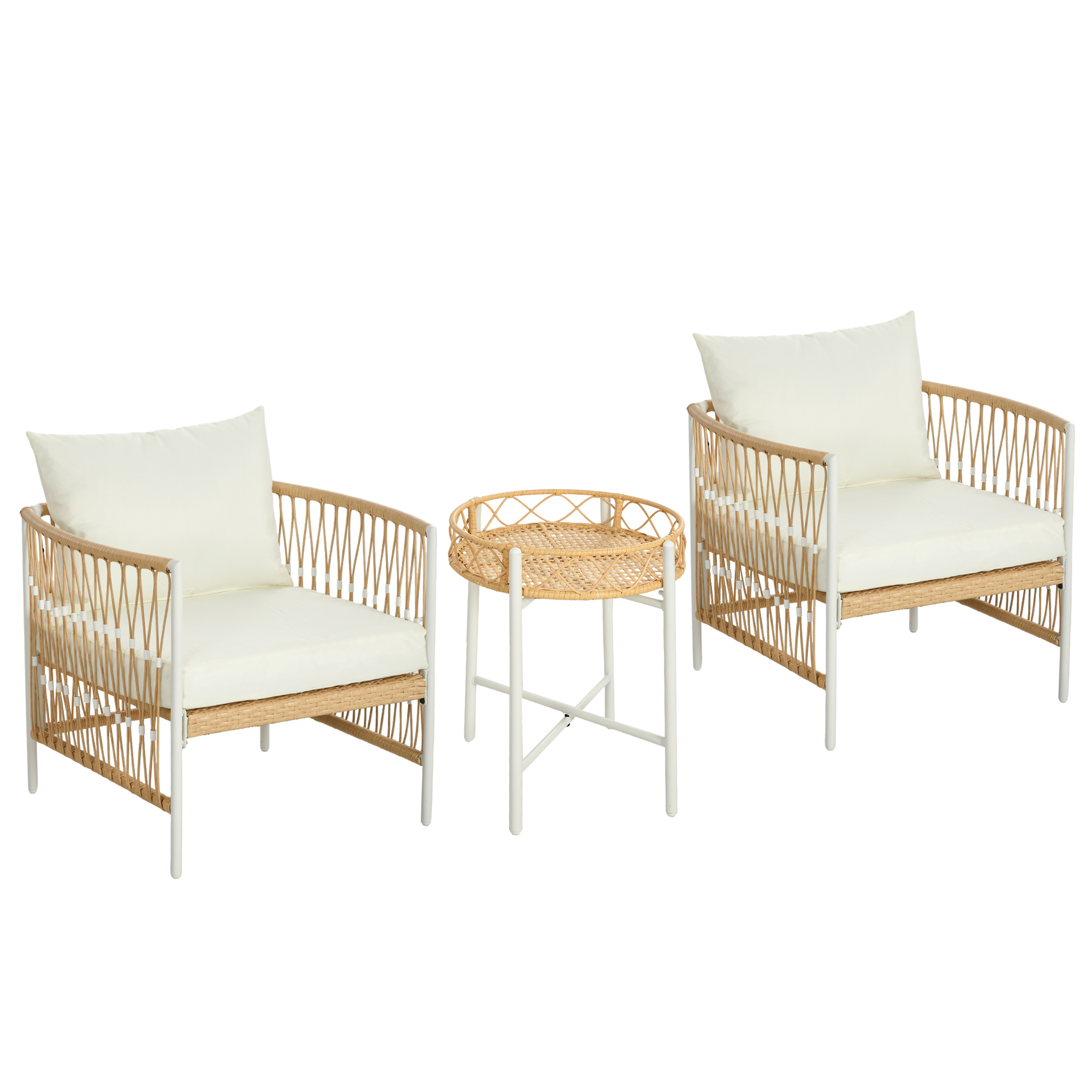 Boho Style Rattan Garden σετ με 2 καρέκλες με μαξιλάρια και στρογγυλό τραπέζι