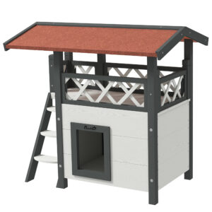 PawHut Outdoor Cat House με Βεράντα και Ξύλινη Σκάλα