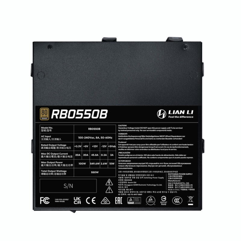 Lian Li RB0550 - 550W 80+ Bronze PSU - PCIe Gen 5.1 12+4pin - Intel ATX 3.1 - 135mm low-noise fan - Image 5