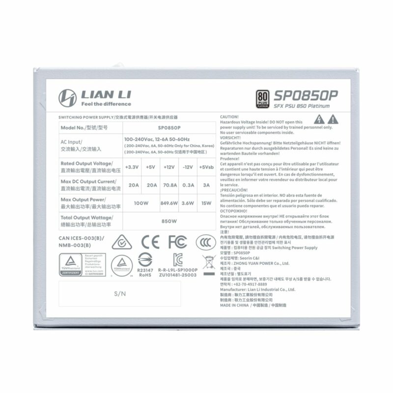 LIAN LI SP0850P White - 850W 80+ Platinum PSU - 10 Years Warranty - 12V-2x6 - Japanese Capacitors - Image 6
