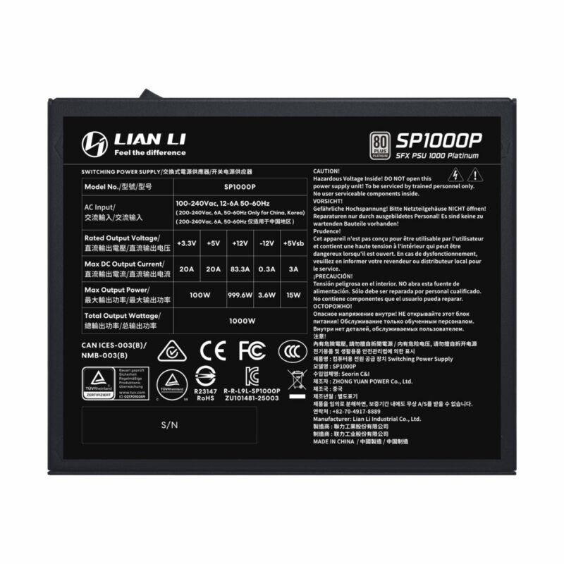 LIAN LI SP1000P Black -1000W 80+ Platinum PSU - 10 Years Warranty - 12V-2x6 - Japanese Capacitors - Image 5
