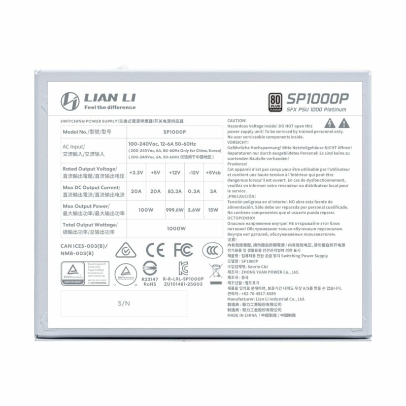 LIAN LI SP1000P White - 1000W 80+ Platinum PSU - 10 Years Warranty - 12V-2x6 - Japanese Capacitors - Image 6