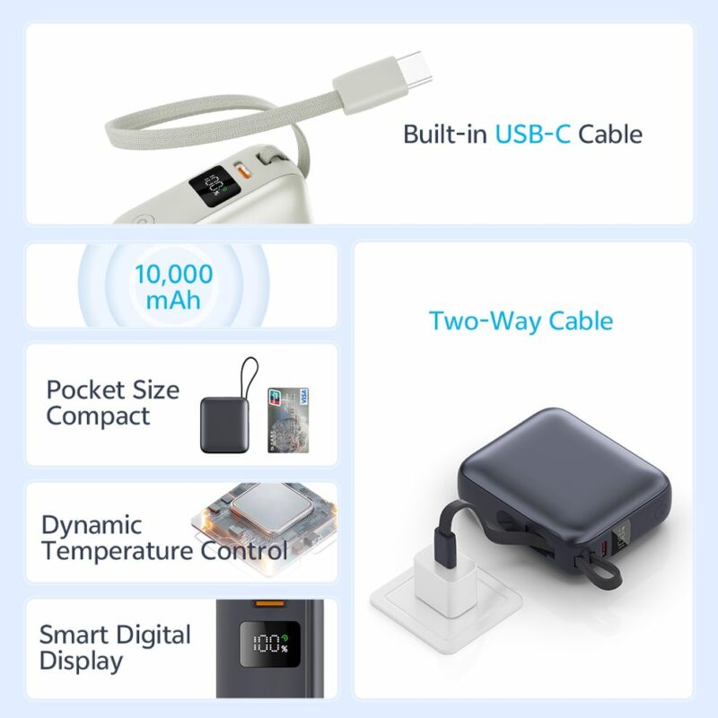 QCY PB10C Grey 10000mAh 35W PD fast charge power bank - Digital Display, Fireproof ABS+PC - Image 4