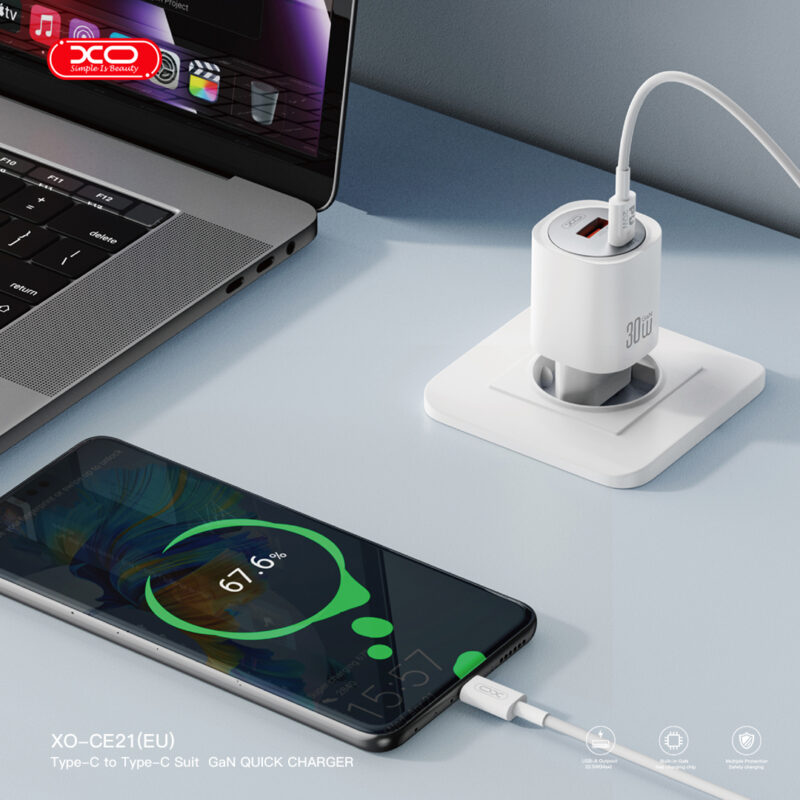 XO Wall Charger CE21 (1xUSB-A, 1x USB-C) 30W - Φορτιστής Ταχείας Φόρτισης Τοίχου Ταξιδίου με καλώδιο USB-C / USB-C - Image 5