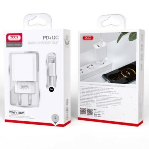 XO CE02A Φορτιστής Τοίχου 20W με Power Delivery & Quick Charge 3.0 – 2 Θύρες (USB-A & USB-C) + Καλώδιο USB-C σε Lightning