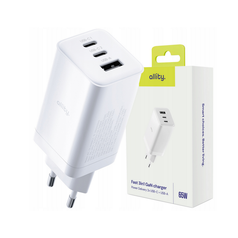 Φορτιστής τοίχου Allity GaN PD QC ATC-01-65WACC 2x USB-c 1x USB-a 65W λευκός Φορτιστής τοίχου Allity GaN PD QC ATC-01-65WACC 2x USB-c 1x USB-a 65W λευκός