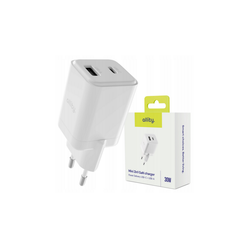 Φορτιστής τοίχου Allity GaN PD QC ATC-01-30WAC 1x USB-c 1x USB-a 30W λευκός