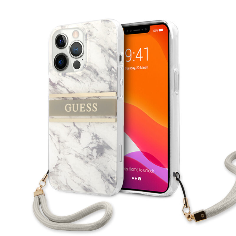 Guess "Marble Collection" Printed Stripe Θήκη προστασίας με όψη μαρμάρου και κορδονάκι χειρός – iPhone 13 Pro (Γκρι/Λευκό) - Image 2