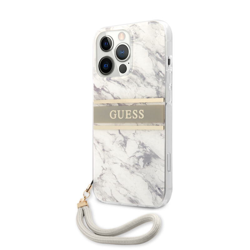 Guess "Marble Collection" Printed Stripe Θήκη προστασίας με όψη μαρμάρου και κορδονάκι χειρός – iPhone 13 Pro (Γκρι/Λευκό) - Image 3