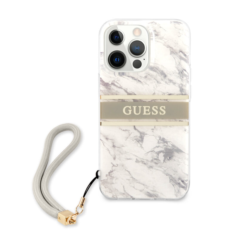 Guess "Marble Collection" Printed Stripe Θήκη προστασίας με όψη μαρμάρου και κορδονάκι χειρός – iPhone 13 Pro (Γκρι/Λευκό) - Image 4