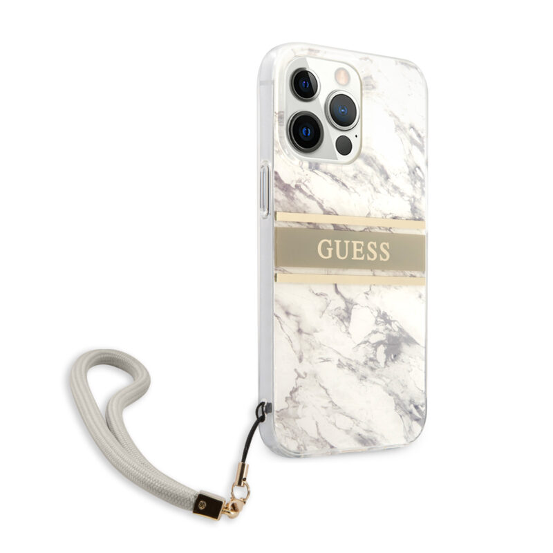 Guess "Marble Collection" Printed Stripe Θήκη προστασίας με όψη μαρμάρου και κορδονάκι χειρός – iPhone 13 Pro (Γκρι/Λευκό) - Image 5