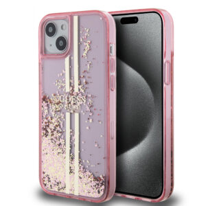 Guess “Liquid Glitter Gold Stripes" Ημιδιάφανη Θήκη προστασίας από σιλικόνη – iPhone 15 Plus (Ροζ – GUHCP15MLFCSEGP)