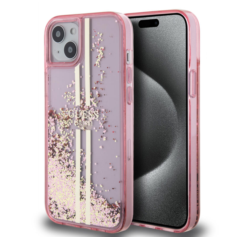 Guess “Liquid Glitter Gold Stripes" Ημιδιάφανη Θήκη προστασίας από σιλικόνη – iPhone 15 Plus (Ροζ – GUHCP15MLFCSEGP) - Image 2