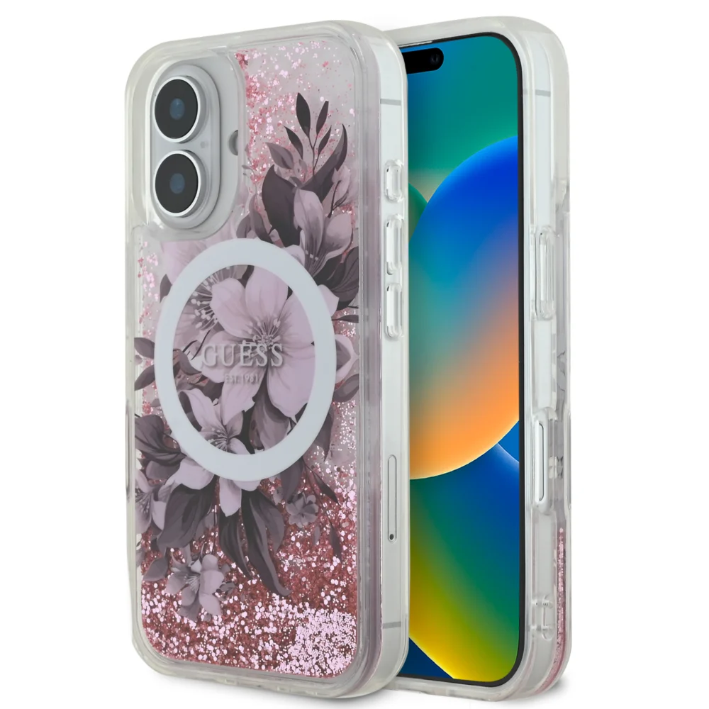 Guess Magsafe “Liquid Glitter Flower" Hard Case Θήκη προστασίας από σκληρό πλαστικό – iPhone 16 (Ροζ – GUHMP16SLFMWTP)