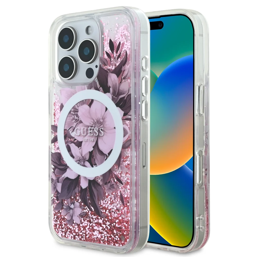 Guess Magsafe “Liquid Glitter Flower" Hard Case Θήκη προστασίας από σκληρό πλαστικό – iPhone 16 Max (Ροζ – GUHMP16XLFMWTP)