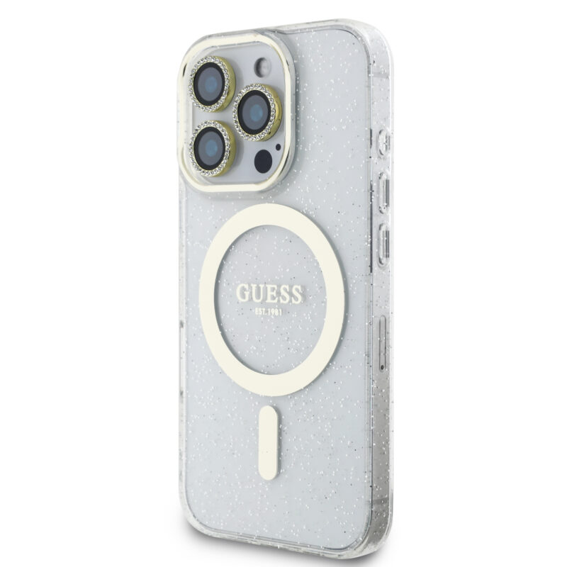 Guess IML Magsafe Case “Rhinestone Gold Lens + Screen” Θήκη προστασίας από σκληρό πλαστικό – iPhone 16 Pro (Clear/Glitter – GUOBPLTP16LHCMCGT) - Image 2