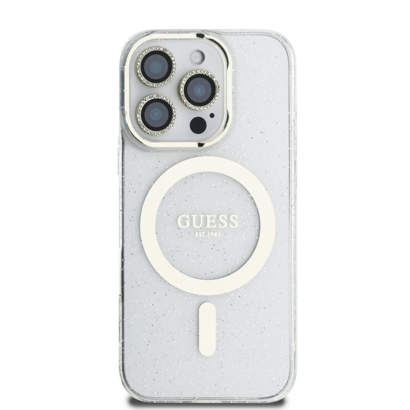 Guess IML Magsafe Case “Rhinestone Gold Lens + Screen” Θήκη προστασίας από σκληρό πλαστικό – iPhone 16 Pro (Clear/Glitter – GUOBPLTP16LHCMCGT) - Image 3