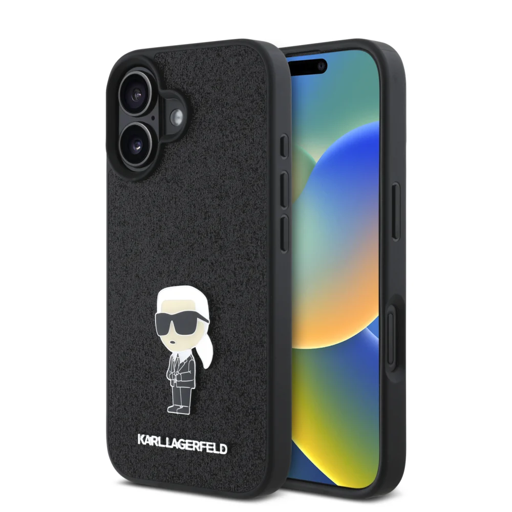 Karl Lagerfeld Ikonik Fixed Glitter Hard Case with Ikonik Metal Logo Θήκη προστασίας από σιλικόνη – iPhone 16 (Glitter Black – KLHCP16SGKNPSK)