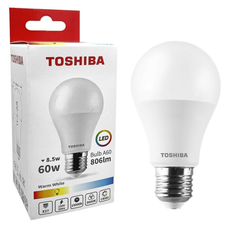 88-441 Λάμπα LED Toshiba για Ντουί e27 Θερμό Λευκό 230v n_ std a60 8,5w 3000k, Γωνία Δέσμης 180 Μοίρες Toshiba 00168800 - Image 1